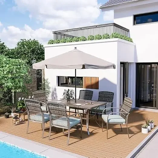 7 Piece Patio Dining Set,for Backyard Garden Deck Poolside/Iron Slats Table Top, Removable Cushions,Outdoor Wicker Furniture Set - Image 9