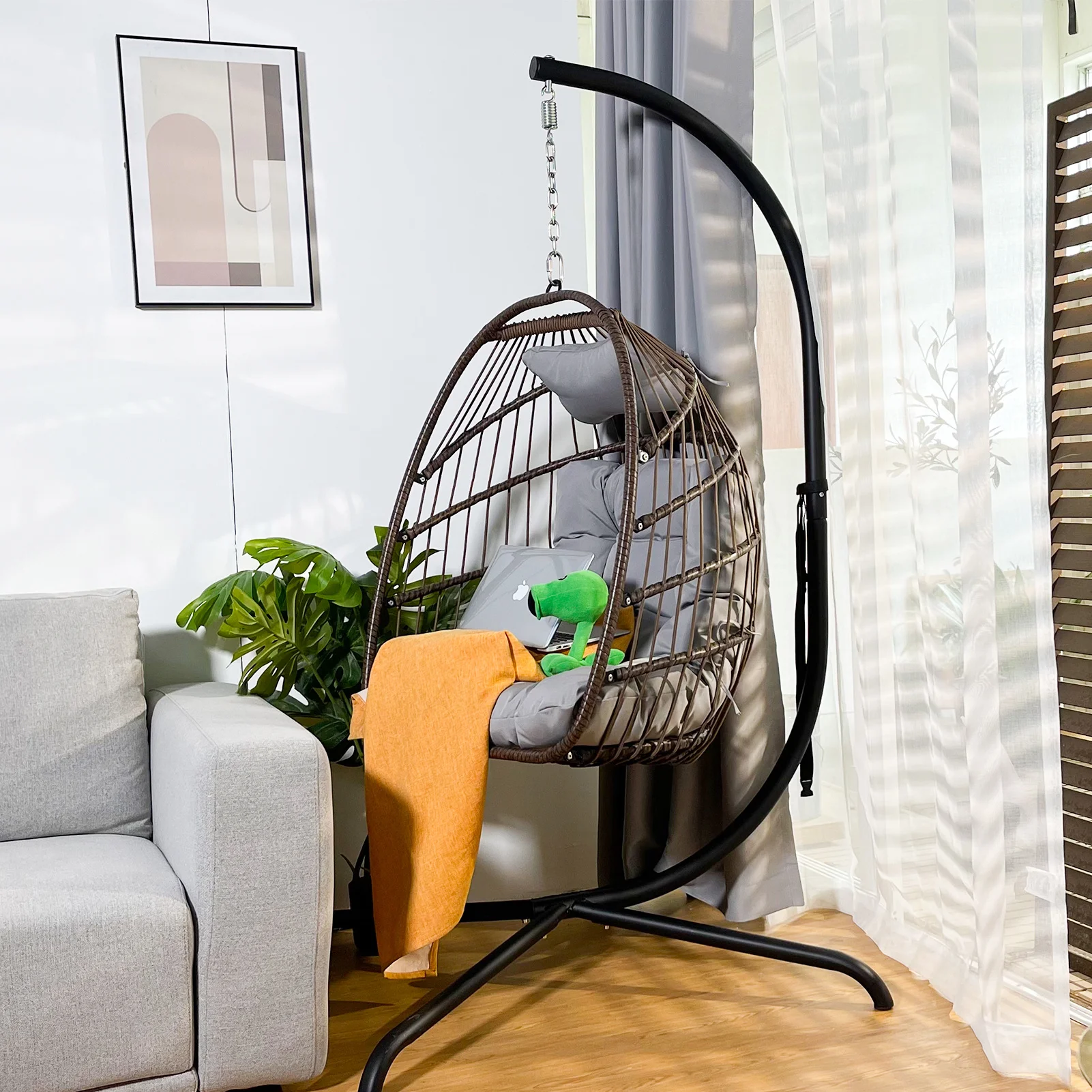 Swing Egg Chair with Stand Indoor Outdoor Wicker Rattan Patio Basket Hanging Chair with C Type bracket - Image 4