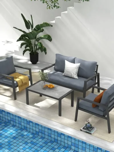 4-Piece Aluminum Outdoor Patio Furniture, Patio Conversation Sofa Set with Removable Cushions, Tempered Glass Top Coffee Table