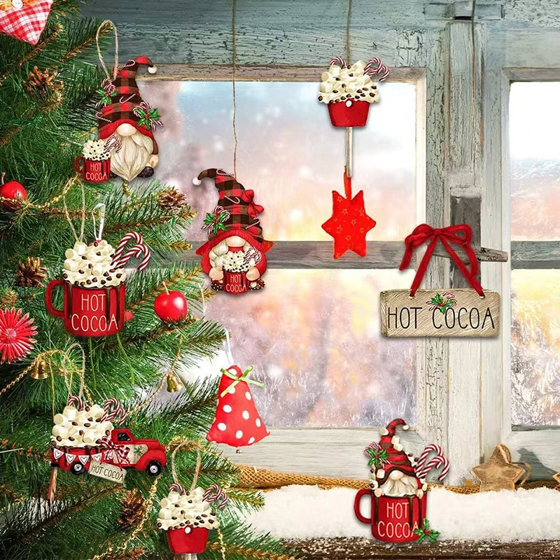 24Pcs Wooden Christmas Hot Cocoa And Santa Claus Hanging Decoration Pendant For Outdoor Festival Party Gift With Rope - Image 2