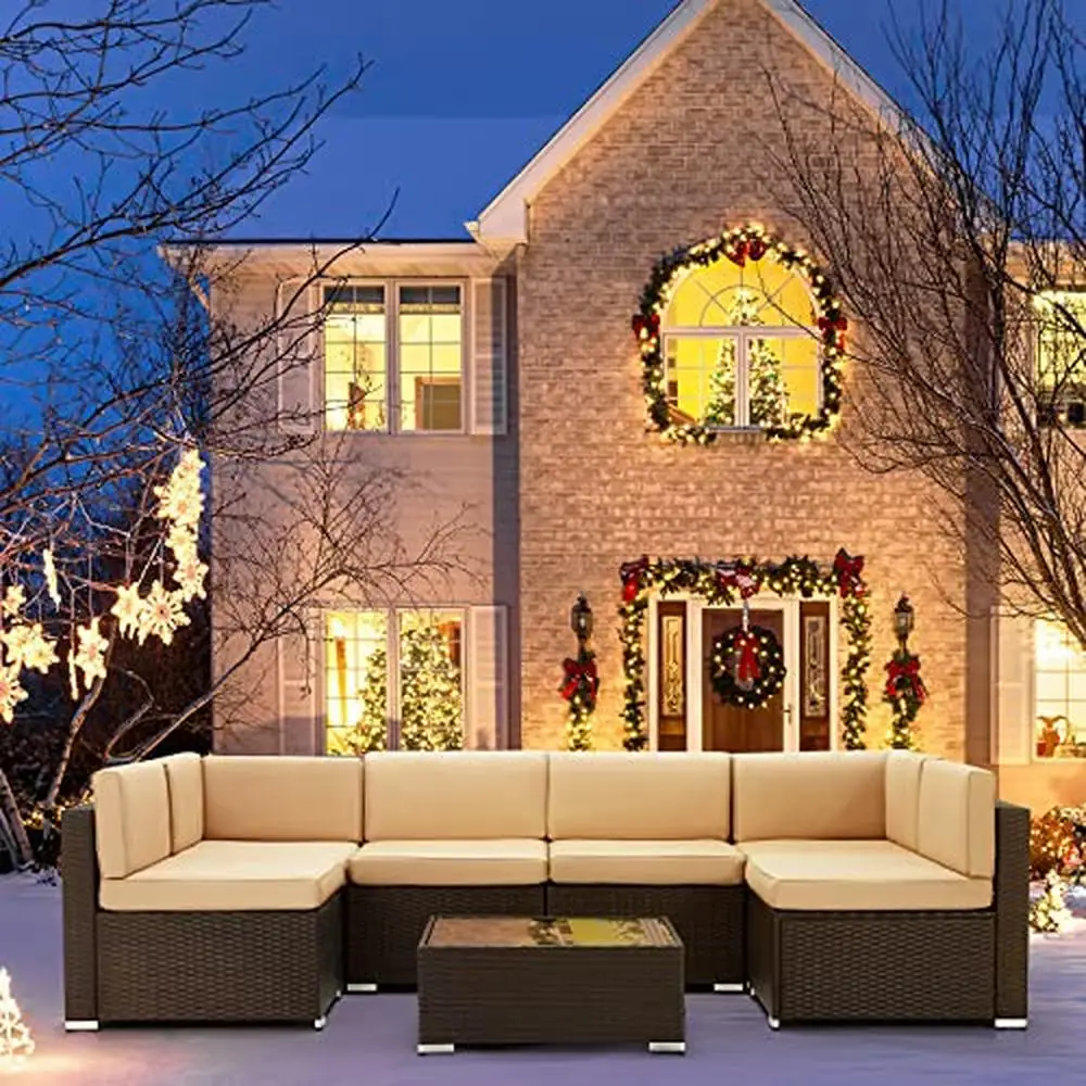 Outdoor Patio Furniture Set 7 Piece PE Rattan Wicker Sofa Sectional Set with Cushions & Tea Table Brown Khaki Poolside Deck - Image 6