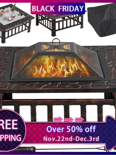 32in Outdoor Firepit Square Table Backyard Patio Garden Stove Wood Burning Fire Pit with Spark Screen, Log Poker and Cover