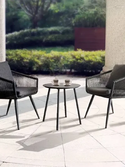 3 Piece Aluminum Outdoor Woven Rope Bistro Patio Set, Aluminum Frame, 2 Chairs With Cushions, Gray