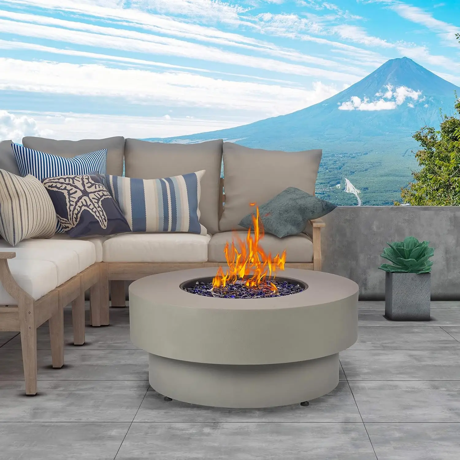 Propane Outdoor Fire Pit Table, Flint & Concrete Look 33-inch Round Patio Gas Fire Table 50,000 BTU w/Lid, Fire Glass - Image 6