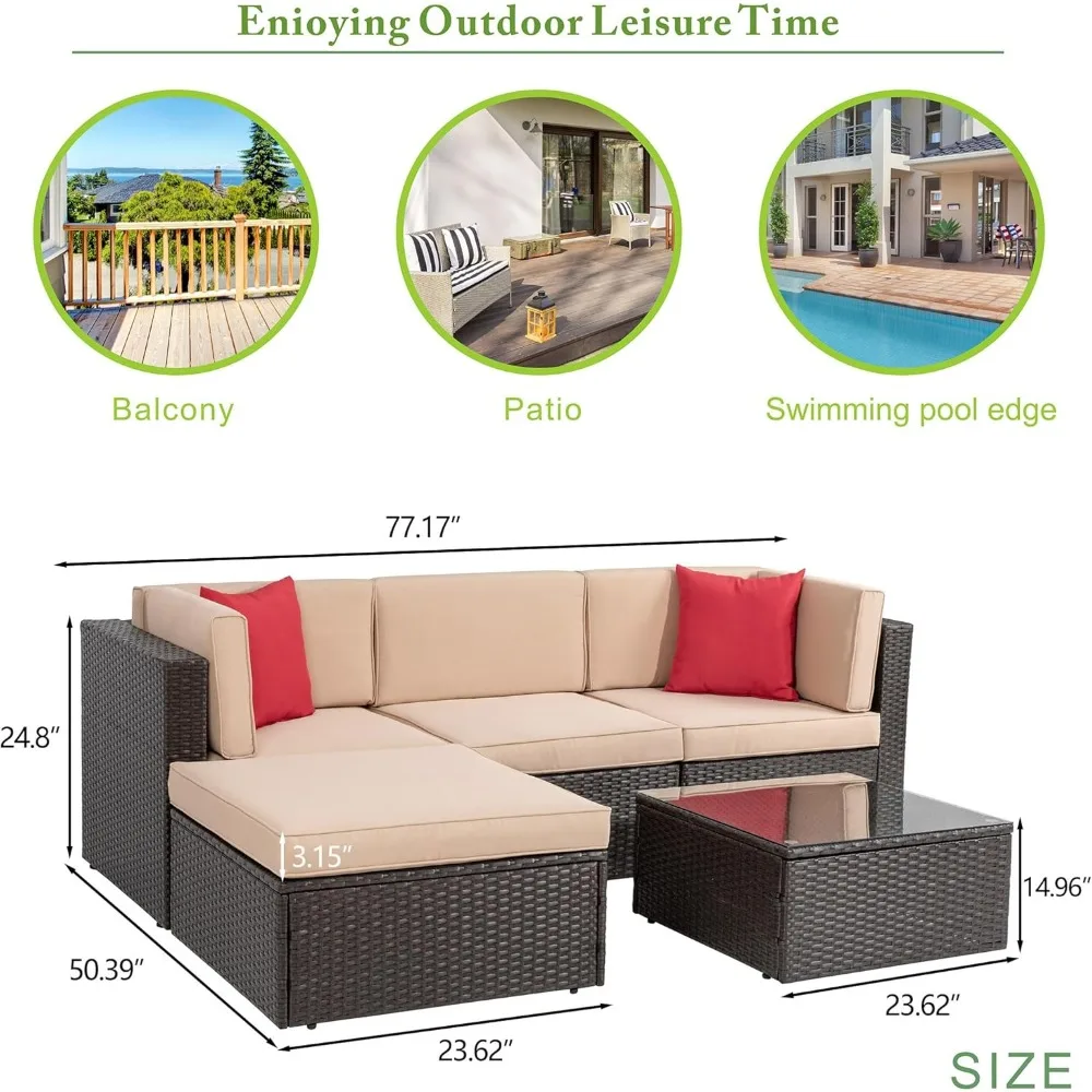 Patio Sets 5 Piece, All-Weather Brown PE Wicker Outdoor Couch Sectional Set, Small Conversation Set Garden/Patio w/Ottoman - Image 6