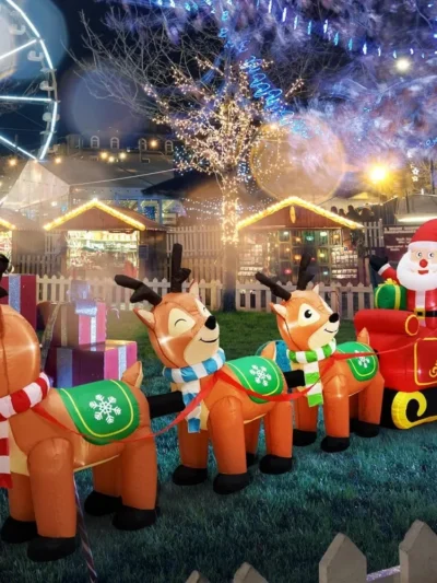 12 Ft Giant Blow Up Yard Decorations Inflatable Santa Claus on Sleigh and 3 Reindeer