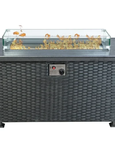 Propane Gas Fire Pit Table with Aluminum Tabletop and Glass Wind Guard Clear Glass Rocks and Slide Out Tank Holder Fire Table