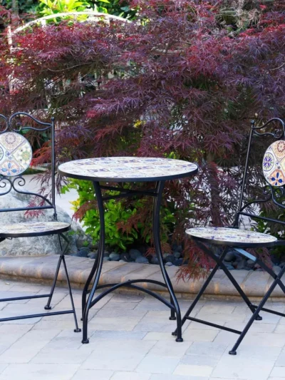 Indoor/Outdoor Mediterranean Tile Design Set Table and Chairs Patio Seating Garden Furniture, Multicolor