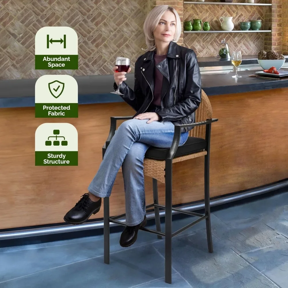 3-Piece Outdoor Wicker Bar Height Set w/Cushioned Barstools, Patio Bistro Furniture for Balcony and Poolside, Black+Light Yellow - Image 4