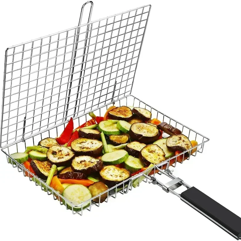 Portable Folding Stainless Steel Grill Basket with Handle for Fish Vegetables Shrimp - Image 4