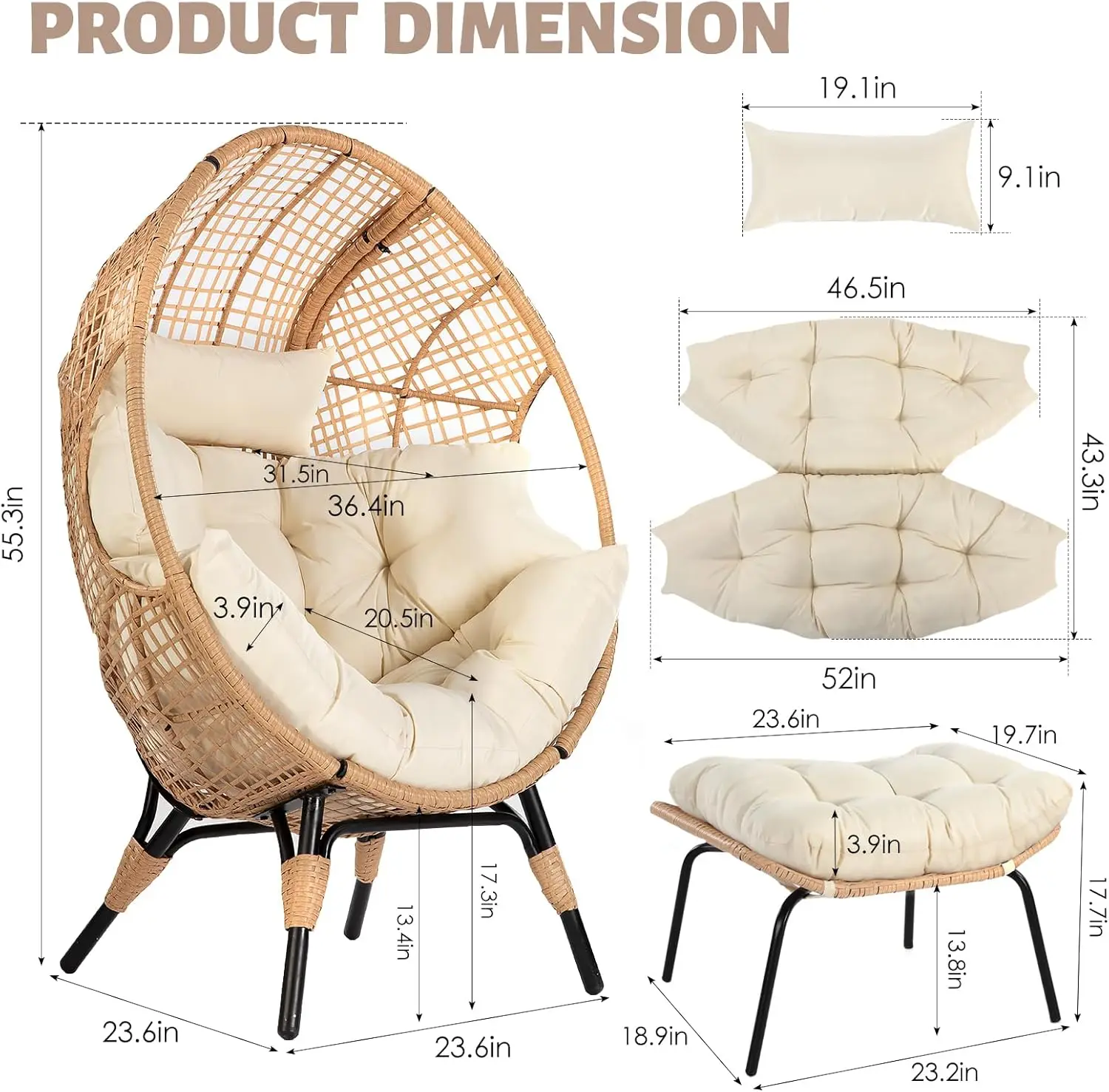 Egg Chair with Footrest Outdoor Wicker Patio Egg Chairs with Ottoman for Indoor Bedroom Outside Porch Deck Backyard - Image 2