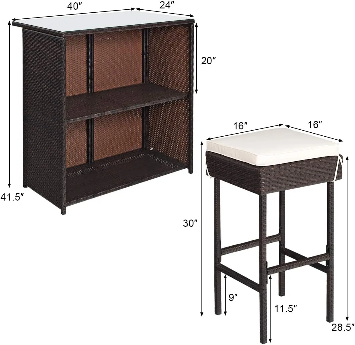 3 Pieces Rattan Patio Bar Table & Stool Set, Patio Furniture Set for Lawn Pool BackyardFront Porch, Dining Set w/Cushion, Beige - Image 3