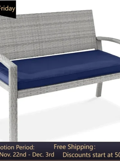 Outdoor Bench 2-Person Wicker Garden Patio Benches Seating Furniture for Backyard, Porch w/Seat Cushion