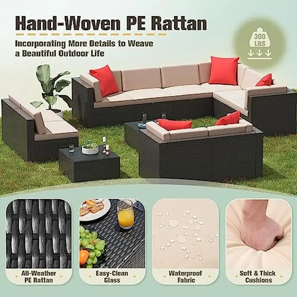 Outdoor Patio Furniture Set 12-Piece Rattan Sectional Sofa with Thick Cushions and Glass Table Beige - Image 4
