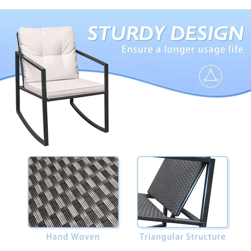 3 Pieces Rocking Wicker Bistro Set, Patio Outdoor Furniture Conversation Sets with Porch Chairs and Glass Coffee Table, Beige - Image 5