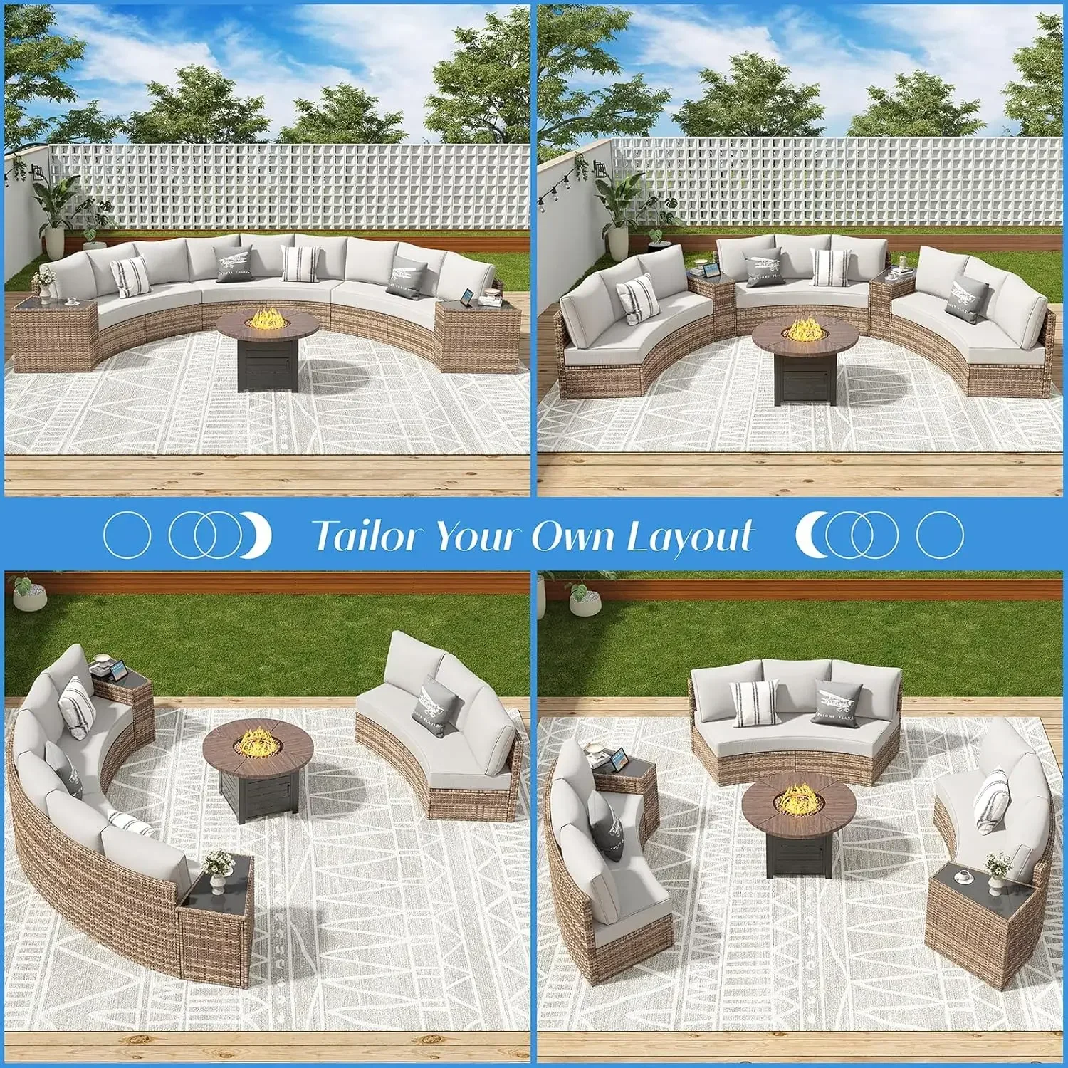 Patio Furniture Sets, Sectional Round Sofa Set, Outdoor Patio Furniture Cushions & Wedge Table for Beach, Pool, Balcony, Beige - Image 5