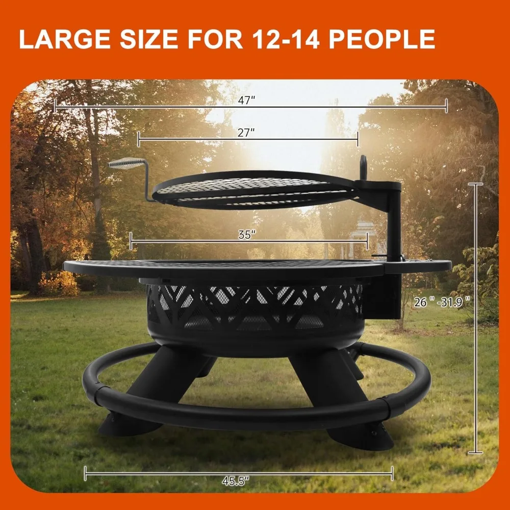 47"Fire Pit with Adjustable Grill, Outdoor Fireplaces, Large Wood Burning Patio Fire Pits for Outside,Black Oversized table legs - Image 3