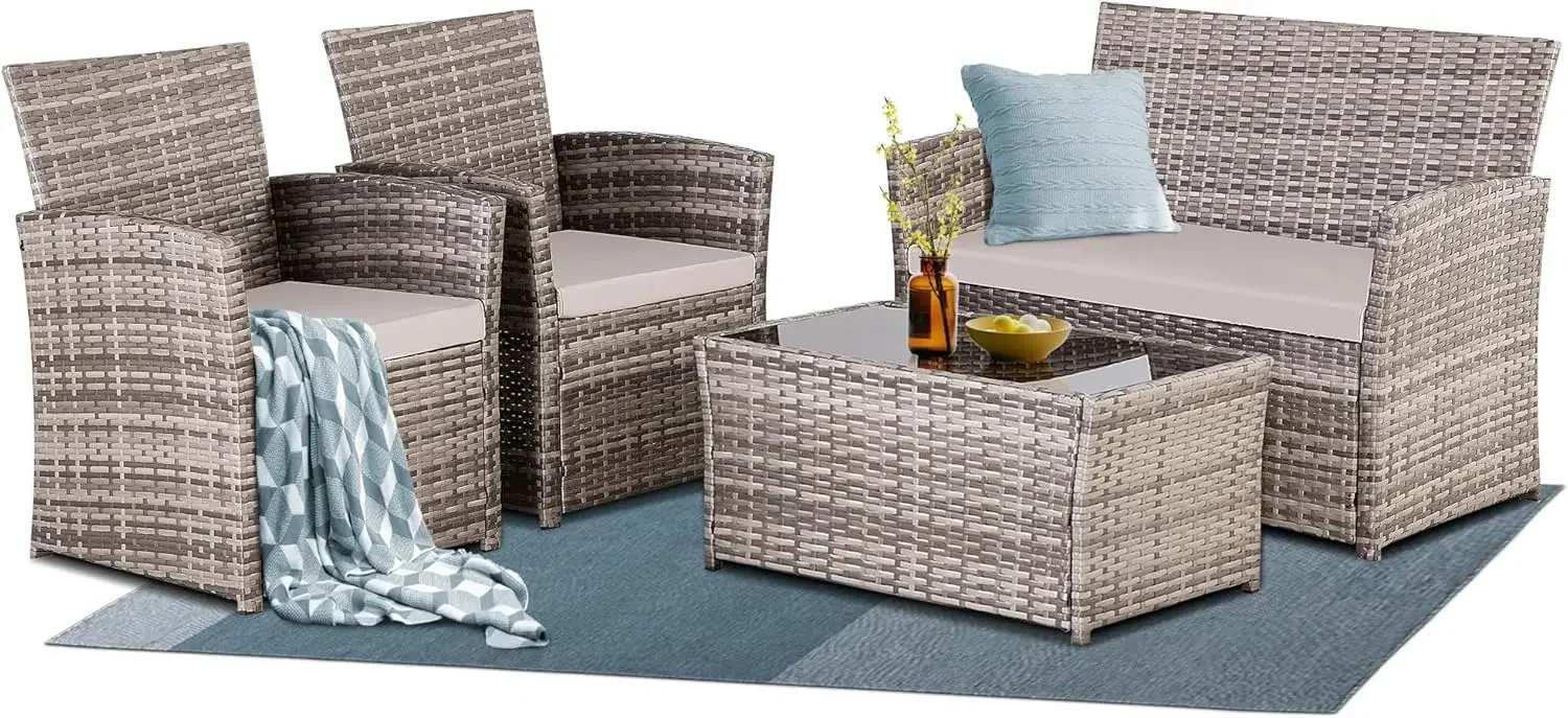 4 Piece Patio Furniture Set, Outdoor Wicker Conversation Sets, Rattan Sectional Sofa w/Coffee Table, Seat Cushions for Backyard - Image 7