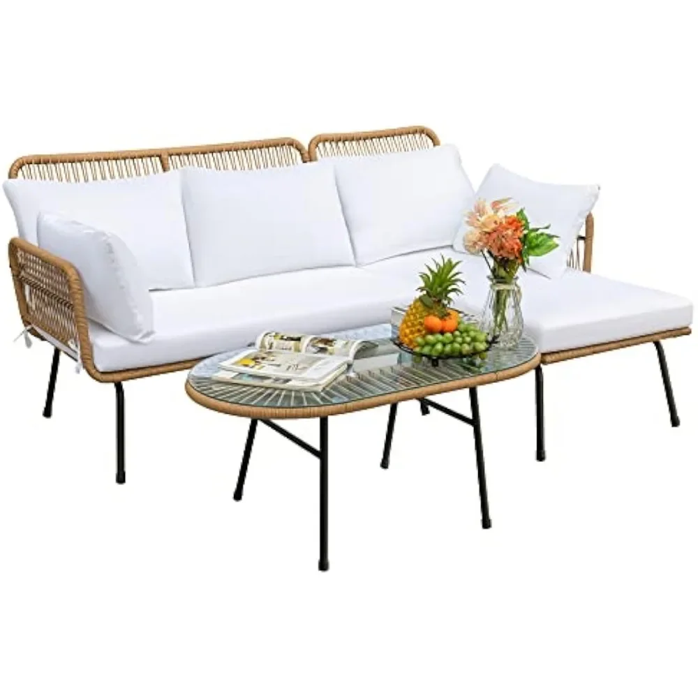 Outdoor Patio Furniture Set, Outdoor Sectional Rope Woven L-Shaped Sofa Set with Patio Table and Thick Cushions - Image 3