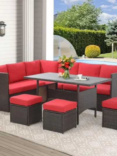 7 Pieces Patio Furniture Set, Outdoor Sectional Sofa Conversation Set, All Weather Wicker Rattan Couch Dining Table & Chair