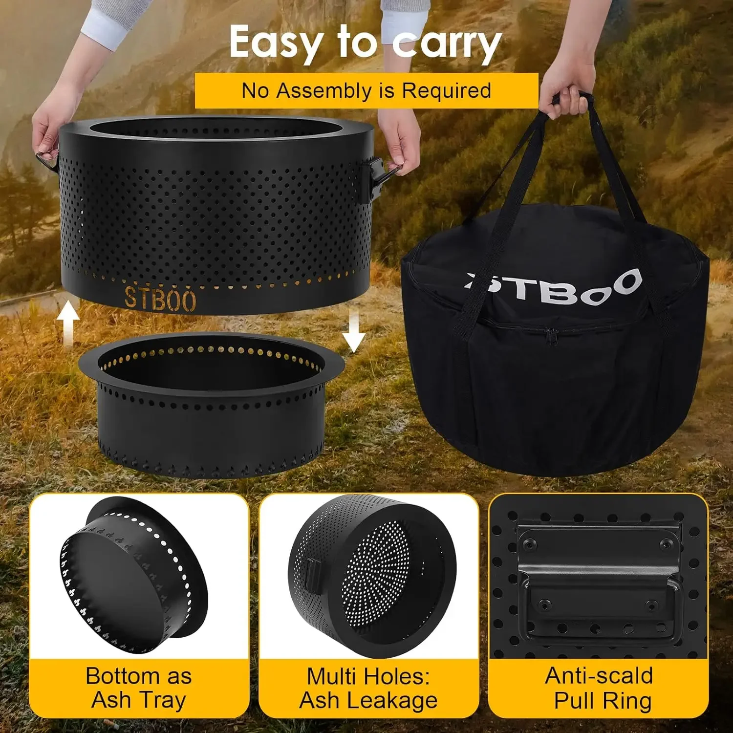 Smokeless Fire Pits for Outside with Portable Carrying Storage Bag, 20x14 Inch Firepits Outdoor Wood Burning, Low Smoke - Image 5