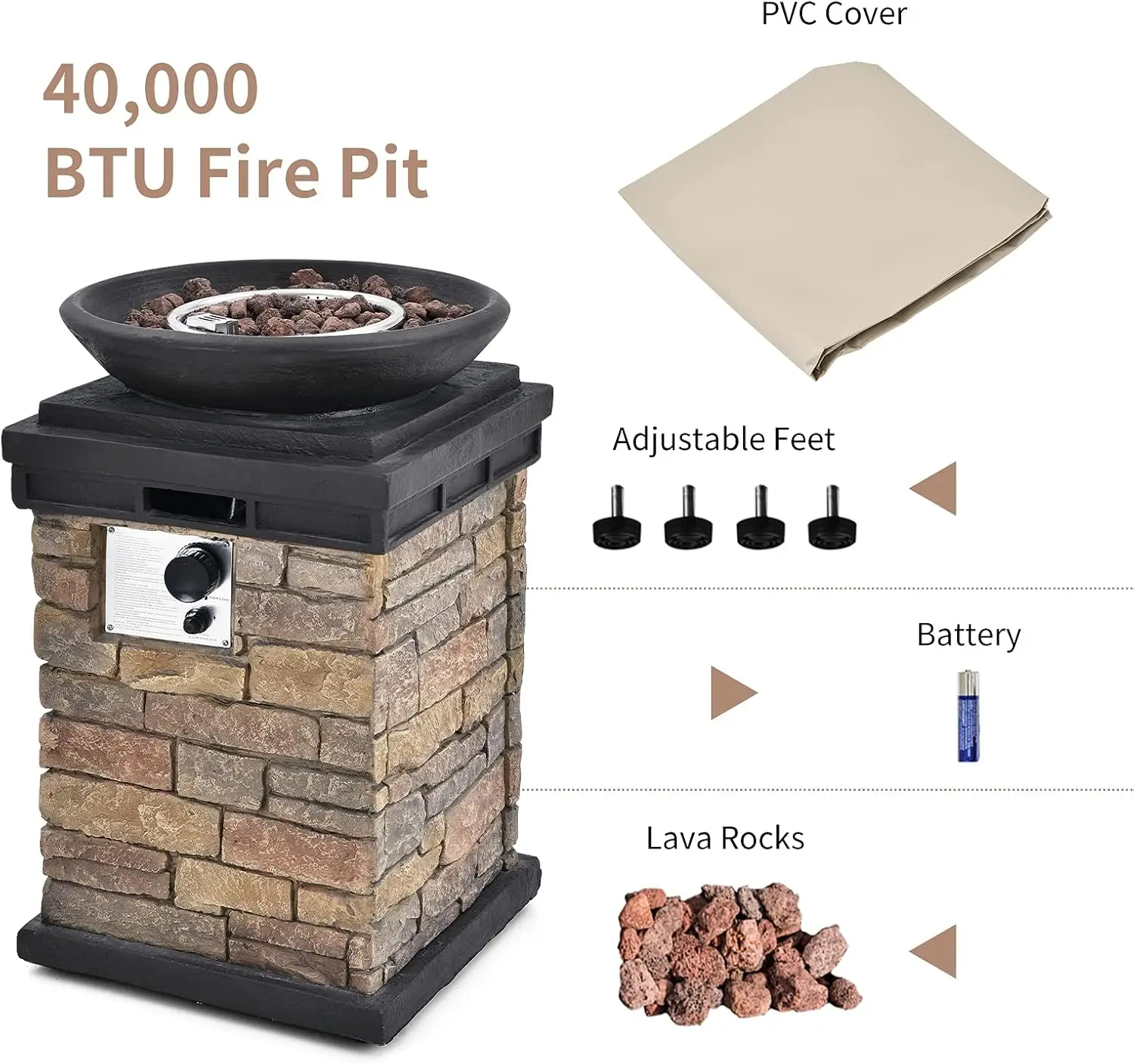Propane Firebowl Column, 40,000 BTU Outdoor Gas Fire Pit, Compact Ledgestone Firepit Table with Lava Rocks and Rain Cover - Image 4
