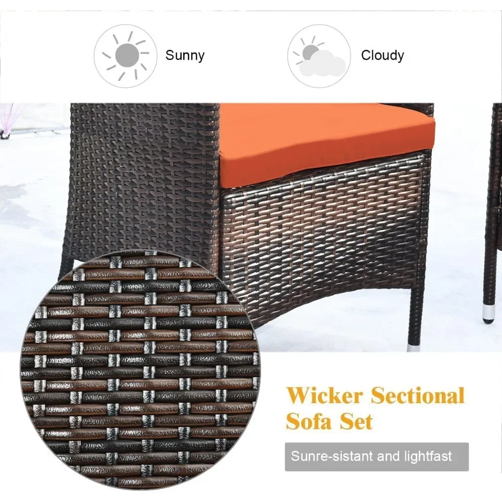 4-Piece Rattan Patio Furniture Set, Outdoor Sofa Table Set with Coffee Table, Thick Cushion, Wicker Conversation Set Orange - Image 4