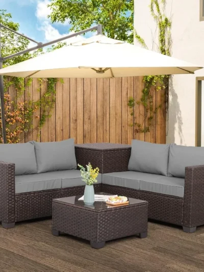 Valita Patio Furniture Set 4 Pieces Outdoor Brown Rattan Sectional Conversation Sofa Chair, Storage Box, Coffee Table