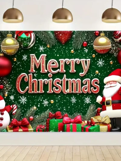 Merry Christmas Banner Large Polyester Santa Claus Snowman Gifts Decoration Background Hanging Banner