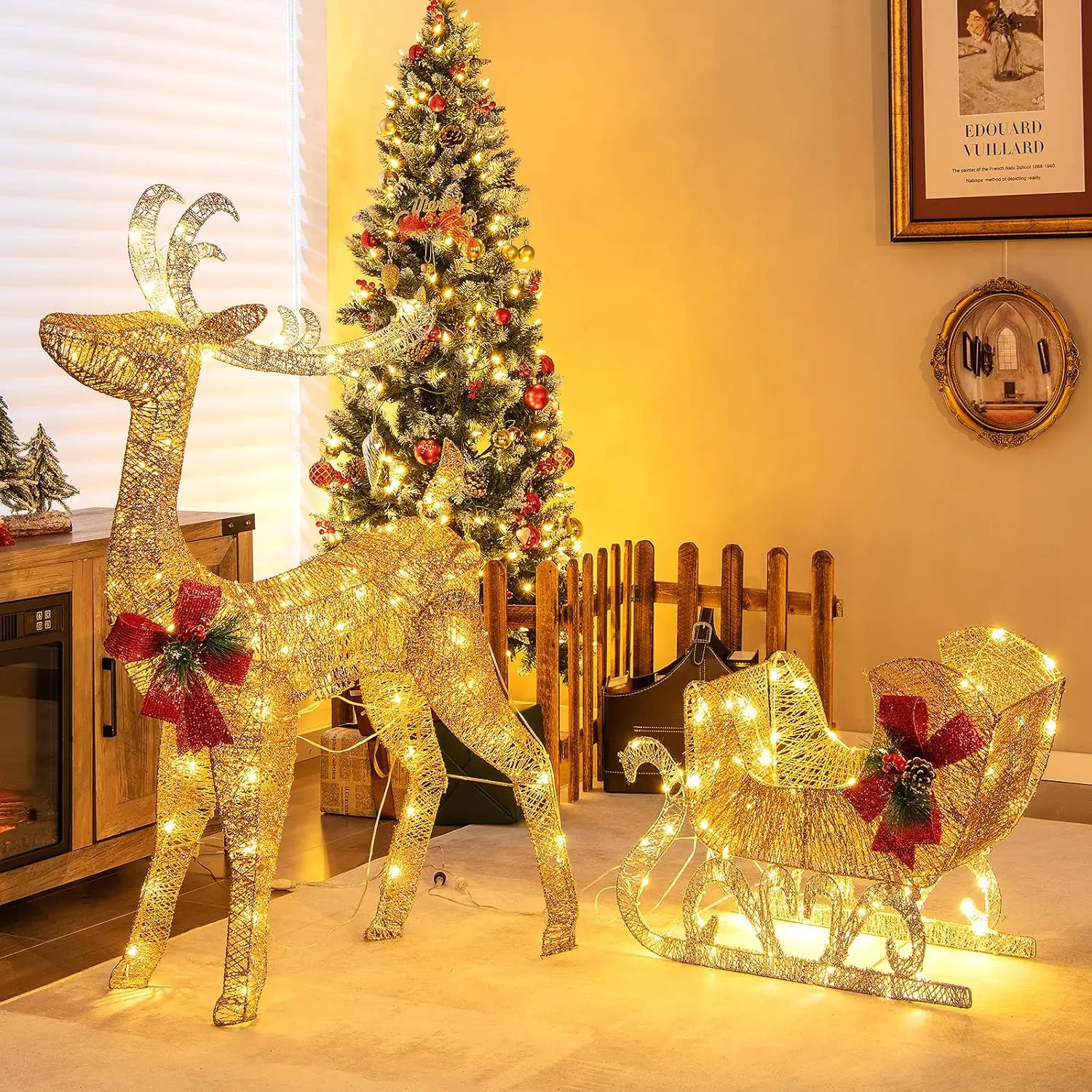 4.7 FT Lighted Christmas Reindeer & Sleigh, Xmas Lighted Outdoor Decoration with 100 Warm Lights, 8 Ground Stakes, 30 Cable Ties - Image 5