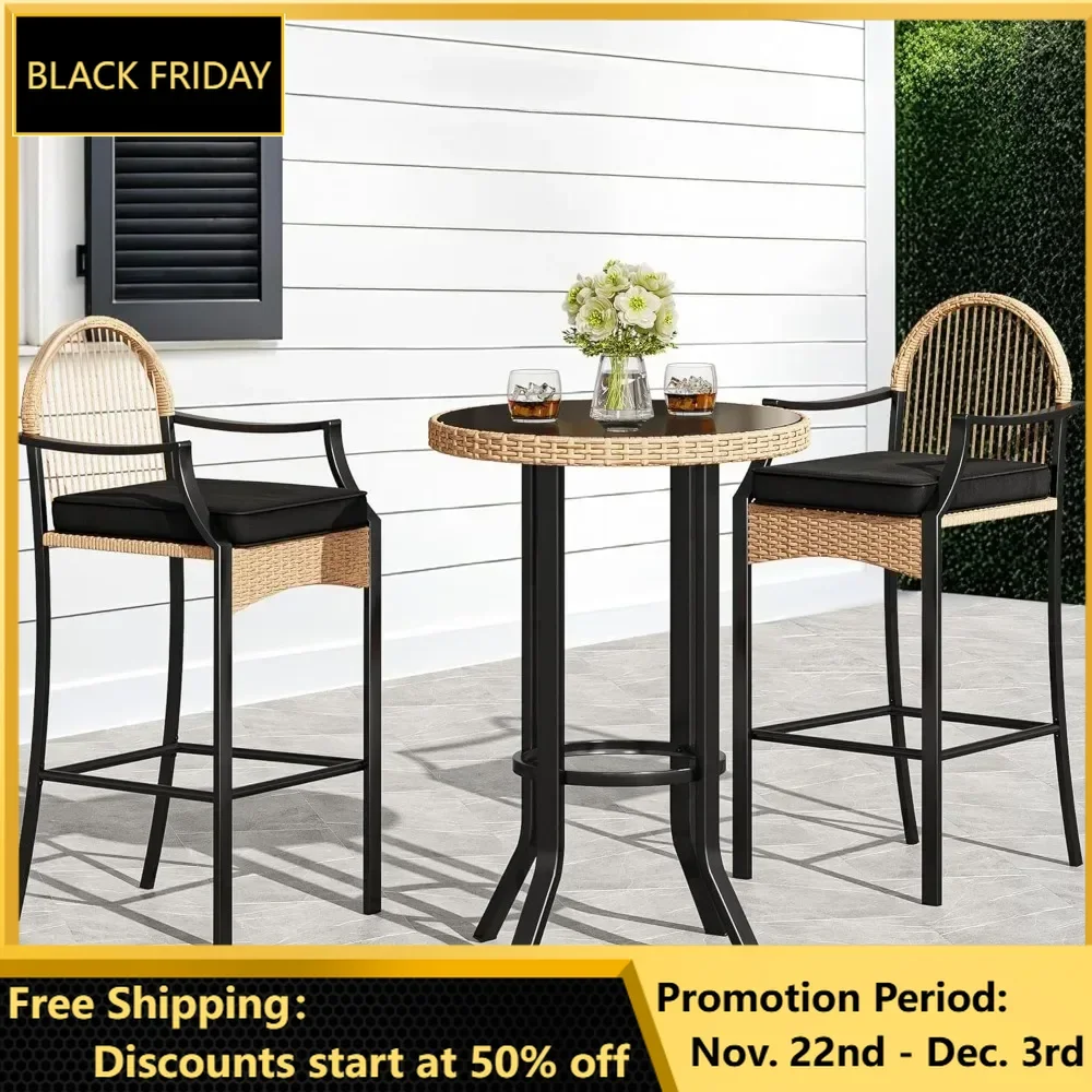 3-Piece Outdoor Wicker Bar Height Set w/Cushioned Barstools, Patio Bistro Furniture for Balcony and Poolside, Black+Light Yellow - Image 2