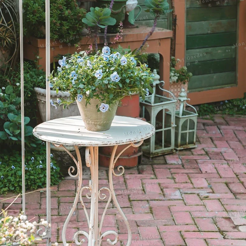 Outdoor Metal Iron Round Side Table Vintage White Finish Rustic Garden Table Decorative Balcony Accent Patio Side Table - Image 3