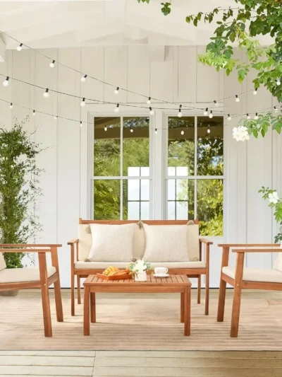 4 Piece Bistro Patio Furniture Outdoor Chat Chair Set with Water Resistant Cushions and Coffee Table for Beach Backyard Garden