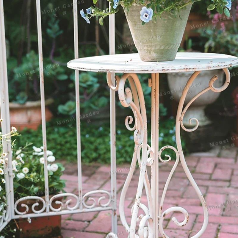 Outdoor Metal Iron Round Side Table Vintage White Finish Rustic Garden Table Decorative Balcony Accent Patio Side Table - Image 5