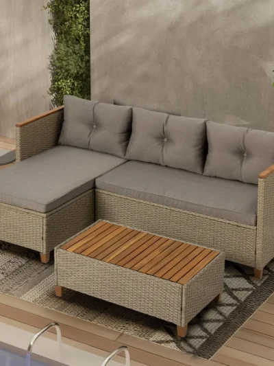 Patio Furniture Set 3 Piece Outdoor Sectional Sofa Couch All Weather Rattan Wicker Conversation Set with Acacia Wood Coffee
