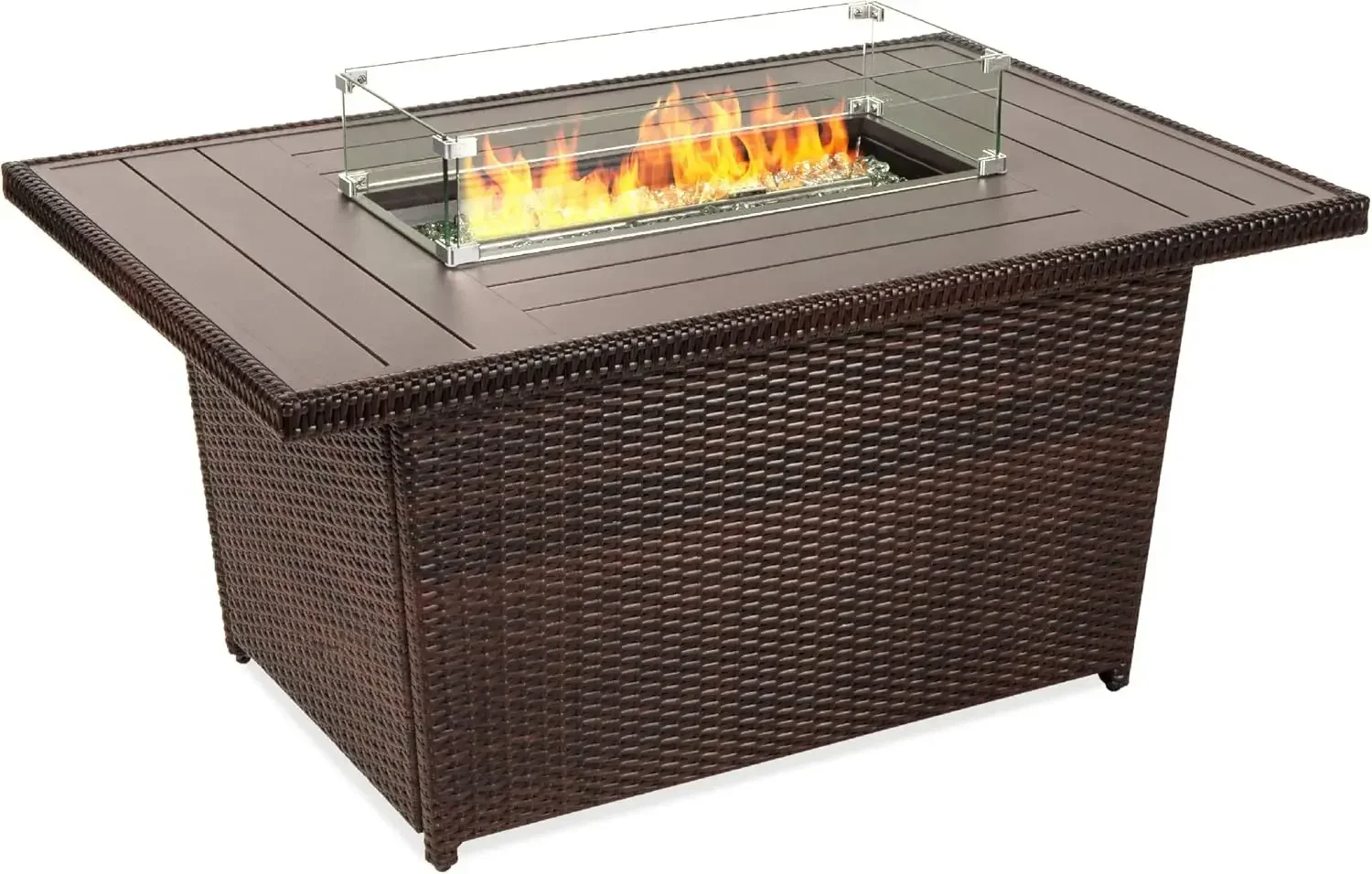 52in Propane Gas Fire Pit Table w/Aluminum Tabletop, Glass Wind Guard, Clear Glass Rocks, Cover, Slide Out Tank Holder, and Lid - Image 8