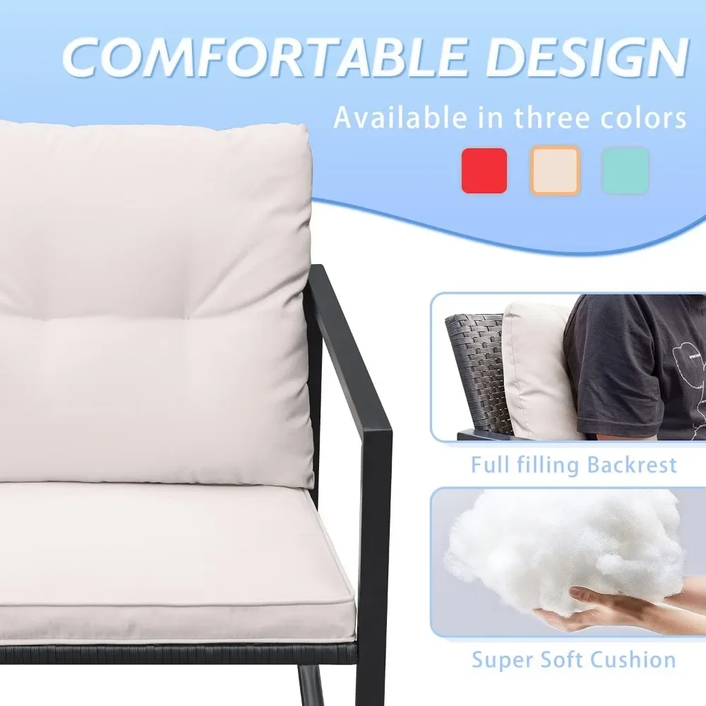 3 Pieces Rocking Wicker Bistro Set, Patio Outdoor Furniture Conversation Sets with Porch Chairs and Glass Coffee Table, Beige - Image 6