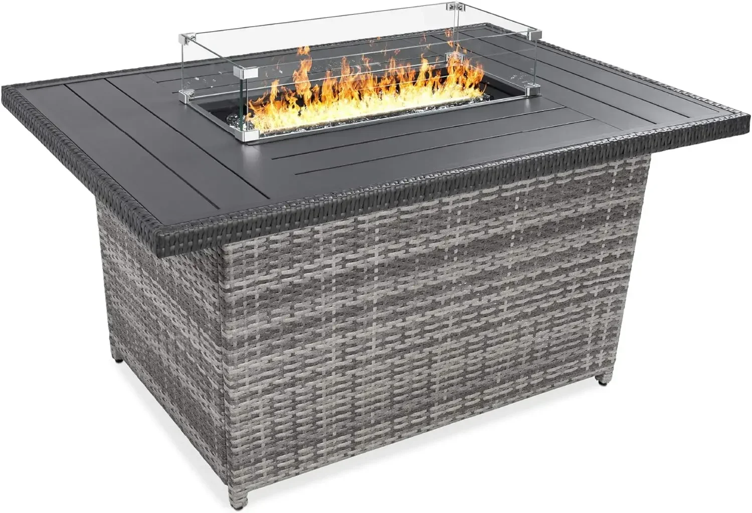 52in Propane Gas Fire Pit Table w/Aluminum Tabletop, Glass Wind Guard, Clear Glass Rocks, Cover, Slide Out Tank Holder, and Lid - Image 7
