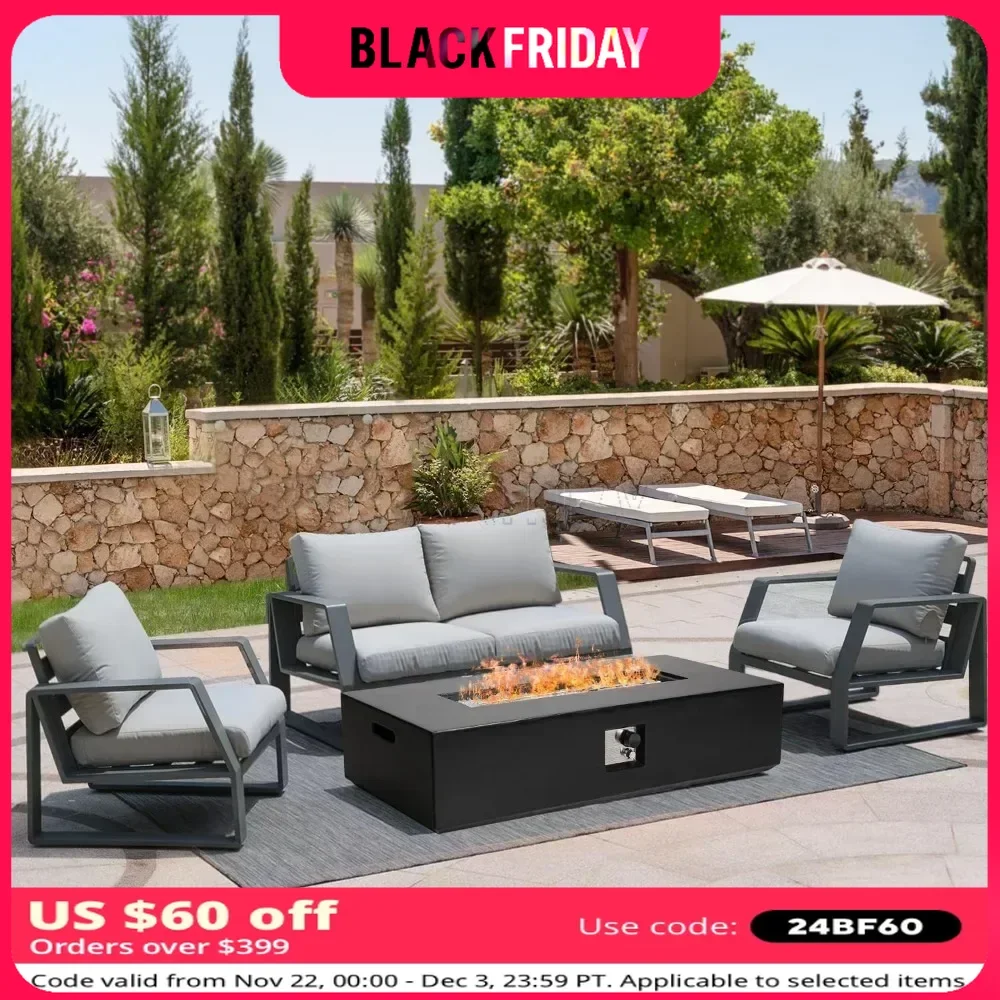 Propane Gas Fire Pit Table White Fire Glass and Rain Cove 56" Outdoor Propane Rectangle Terrazzo Outdoor Heating Fire Table - Image 2