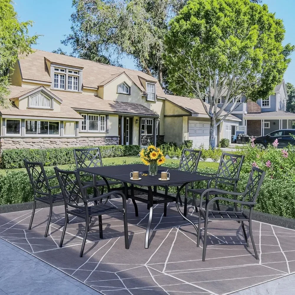 Patio Dining Table, Rectangle Metal Steel Slat Table, with Umbrella Hole, for Backyards, Porches, Garden - Image 6