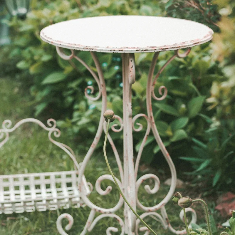 Outdoor Metal Iron Round Side Table Vintage White Finish Rustic Garden Table Decorative Balcony Accent Patio Side Table - Image 4