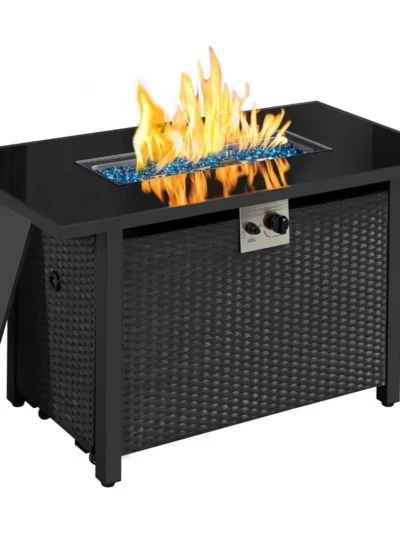 43in Fire Pit Propane Fire Pit 50,000 BTU Rectangle Fire Pit Table with Glass Tabletop and Waterproof Cover ,for Garden, Patio