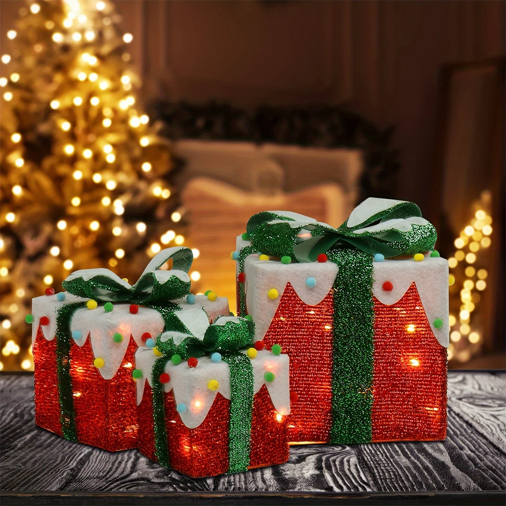3 Pack Christmas Lighted Gift Boxes with Bow, Luxury Christmas Glowing Present Boxes - Image 3