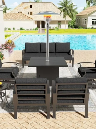 Aluminum Patio Furniture Set 7 Pieces 7 Seat Metal Outdoor Furniture Conversation Set w/Patio Square Table Heater &Swivels