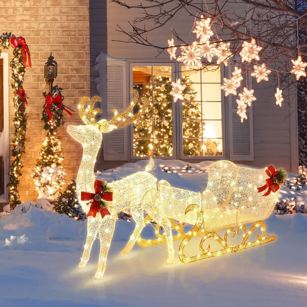 6 FT Christmas Lighted Reindeer & Santa’s Sleigh, Xmas Lighted Outdoor Yard Decoration W/ 215 LED Lights & 4 Ground Stakes - Image 2