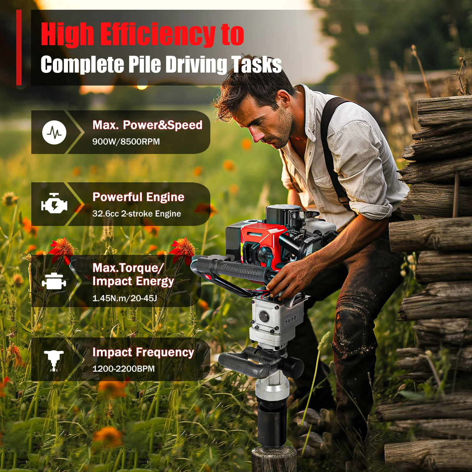 900W 2-Stroke Petrol Post Driver Piling Hammer - Image 8