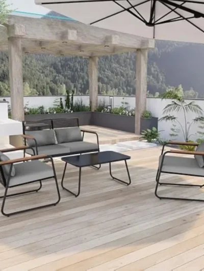 4-Piece Patio Outdoor Furniture Set,Removable&Washable Soft Cushion,Wooden Armrest,GlassTable,for Backyard,Balcony,Deck,Poolside