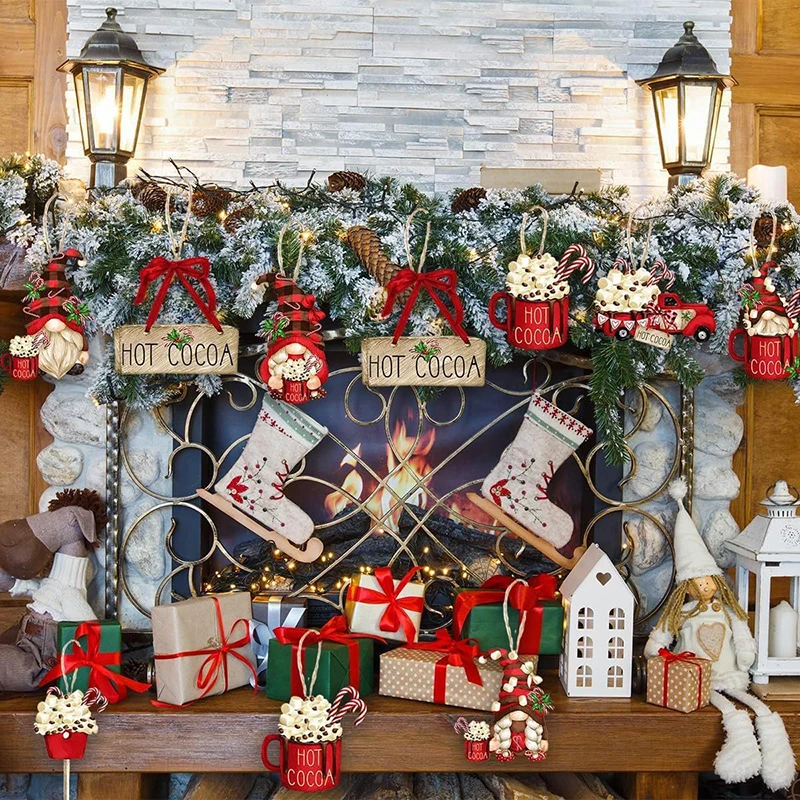 24Pcs Wooden Christmas Hot Cocoa And Santa Claus Hanging Decoration Pendant For Outdoor Festival Party Gift With Rope - Image 5