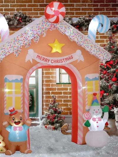 Christmas Inflatable Gingerbread House Arch with LED Light Set for Christmas Party Indoor Outdoor Patio, Door Festive Decoration