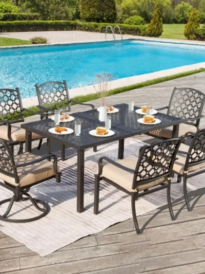 7 Pieces Patio Dining Sets All-Weather Metal Outdoor Modern with Table, Cushions-Beige, Sturdy and Durable, Outdoor Dining Sets